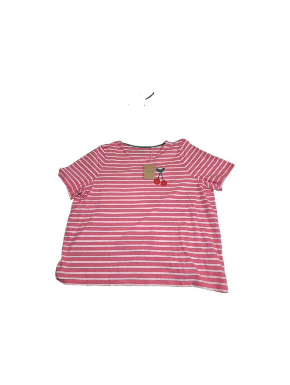 Boden NWT Top Pink White Striped Crocheted Cherries Applique Sz XL Short Sleeve